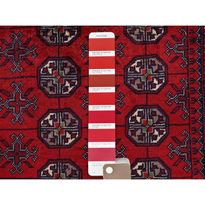 2'9"x3'10" Ruby Red, Princess Bokara With Geometric Medallions Design, Vegetable Dyes, 100% Wool, Hand Knotted, Mat, Sample, Oriental Rug S702