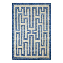 Load image into Gallery viewer, 5&#39;10&quot;x8&#39;9&quot; Soft and Pliable Wool Hand Knotted Denim Blue Maze Design with Berber Influence Oriental Rug FWR421860