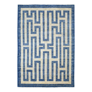 5'10"x8'9" Soft and Pliable Wool Hand Knotted Denim Blue Maze Design with Berber Influence Oriental Rug FWR421860