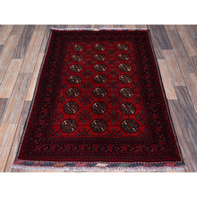 Load image into Gallery viewer, 2&#39;9&quot;x4&#39; Scarlet Red, Princess Bokara With Geometric Medallions Pattern, Vegetable Dyes, Soft Wool, Hand Knotted, Sample, Mat, Oriental Rug FWR4218