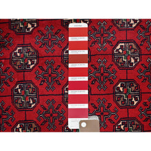 Load image into Gallery viewer, 2&#39;9&quot;x4&#39; Scarlet Red, Princess Bokara With Geometric Medallions Pattern, Vegetable Dyes, Soft Wool, Hand Knotted, Sample, Mat, Oriental Rug FWR4218