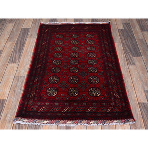 2'7"x4' Chili Red, Princess Bokara With Geometric Pattern, Natural Dyes, Hand Knotted, 100% Wool, Mat, Sample, Oriental Rug FWR4224