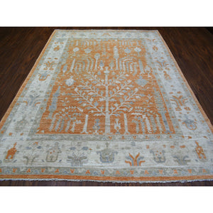 7'10"X10'2" Burnt Orange, Natural Wool, Afghan Angora Oushak with Cypress and Willow Tree Design, Hand Knotted, Oriental Rug FWR423450