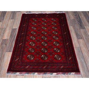 2'9"x4' Berry Red, Princess Bokara With Geometric Medallions Design, 100% Wool, Veggie Dyes, Hand Knotted, Mat, Sample, Oriental Rug FWR4230
