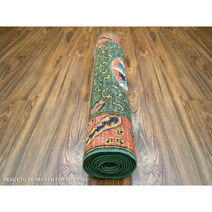 2'10"x9'9" Olive Green, Soft Wool, Hand Knotted, Turkeman Ersari With Tribal Medallion Design, Natural Dyes, Densely Woven, Runner Oriental Rug FWR423714
