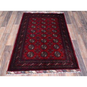2'9"x4'1" Berry Red, Princess Bokara With Geometric Medallions Design, Vegetable Dyes, Soft And Shiny Wool, Hand Knotted, Mat, Sample, Oriental Rug FWR4236