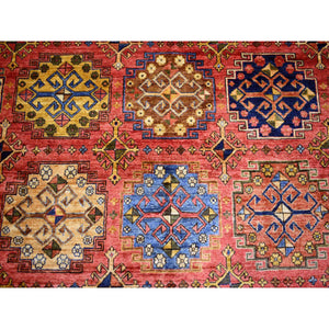 8'8"x11'7" Coral Red Hand Knotted, Turkeman Ersari With Geometric Medallions Block Design, Natural Dyes Pure Wool Oriental Rug FWR424254
