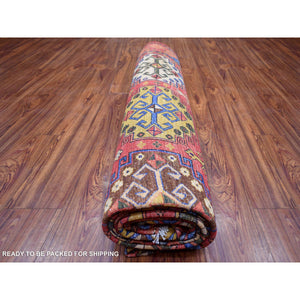 8'8"x11'7" Coral Red Hand Knotted, Turkeman Ersari With Geometric Medallions Block Design, Natural Dyes Pure Wool Oriental Rug FWR424254
