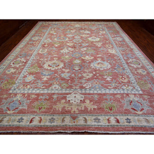 12'x16' Coral Red, Afghan Angora Ushak With All Over Motifs, Hand Knotted, Pure Wool Oversized Oriental Rug FWR424506