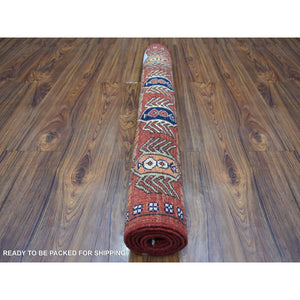 3'1"x5'1" Coral Red, Natural Dyes Hand Knotted Afghan Ersari With Ancient Animal Figurines Densely Woven, Soft And Shiny Wool Oriental Rug FWR424698