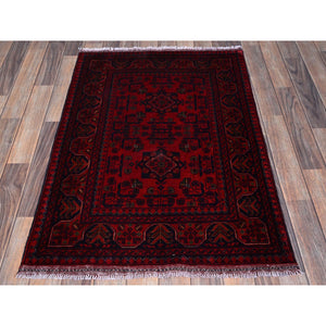 2'9"x3'10" Carmine Red, Hand Knotted, Afghan Khamyab With Tribal Design, Pure Wool, Natural Dyes, Mat, Sample, Oriental Rug FWR4242