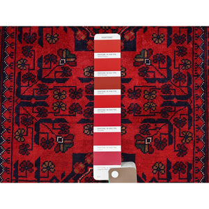 2'9"x3'10" Carmine Red, Hand Knotted, Afghan Khamyab With Tribal Design, Pure Wool, Natural Dyes, Mat, Sample, Oriental Rug FWR4242