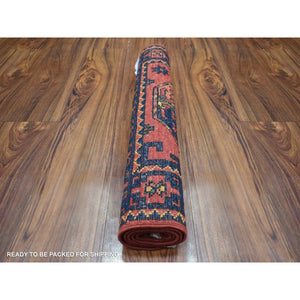 2'1"x3'5" Coral Red, Hand Knotted, Afghan Ersari With Elephant Feet Design, Natural Dyes, Pure Wool Oriental Rug FWR424818