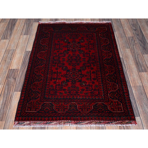 2'9"x3'10" Berry Red, Afghan Khamyab With Tribal Design, Hand Knotted, Soft Wool, Veggie Dyes, Mat, Sample, Oriental Rug FWR4248