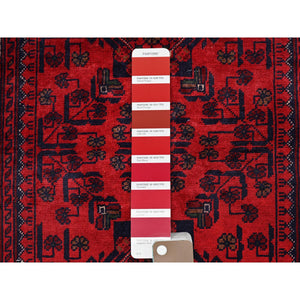 2'9"x3'10" Berry Red, Afghan Khamyab With Tribal Design, Hand Knotted, Soft Wool, Veggie Dyes, Mat, Sample, Oriental Rug FWR4248