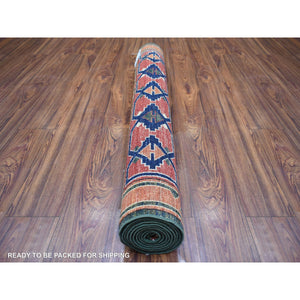 4'x9'8" Olive Green, Natural Dyes, Hand Knotted, Turkeman Ersari With Tribal Design, Soft And Pure Wool Wide Runner Oriental Rug FWR425958