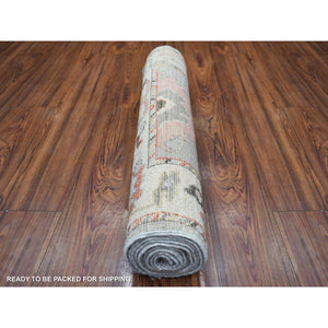 2'6"x9'7" Gray, Afghan Angora Oushak  With Pop Of Colors, Hand Knotted, Extra Soft Wool Runner Oriental Rug FWR426996