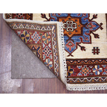 Load image into Gallery viewer, 2&#39;8&quot;x9&#39;4&quot; Ivory Natural Dyes, Afghan Super Kazak With Geometric Design, Hand Knotted Pure Wool Oriental Rug FWR427302