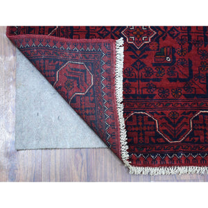 2'7"x9'7" Deep And Saturated Red, Hand Knotted Afghan Khamyab With Geometric Design, Velvety Wool, Runner Oriental Rug FWR428238