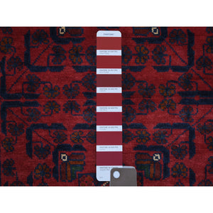 2'7"x9'7" Deep And Saturated Red, Hand Knotted Afghan Khamyab With Geometric Design, Velvety Wool, Runner Oriental Rug FWR428238