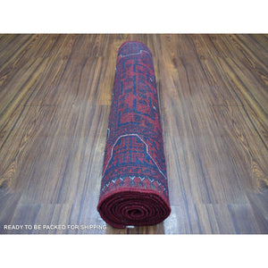 2'7"x9'7" Deep And Saturated Red, Hand Knotted Afghan Khamyab With Geometric Design, Velvety Wool, Runner Oriental Rug FWR428238