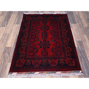 2'7"x3'9" Carmine Red, Afghan Khamyab With Tribal Design, Soft And Velvety Wool, Natural Dyes, Hand Knotted, Mat, Sample, Oriental Rug FWR4284