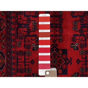 2'7"x3'9" Carmine Red, Afghan Khamyab With Tribal Design, Soft And Velvety Wool, Natural Dyes, Hand Knotted, Mat, Sample, Oriental Rug FWR4284