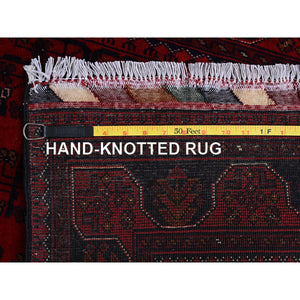 2'7"x3'9" Carmine Red, Afghan Khamyab With Tribal Design, Soft And Velvety Wool, Natural Dyes, Hand Knotted, Mat, Sample, Oriental Rug FWR4284