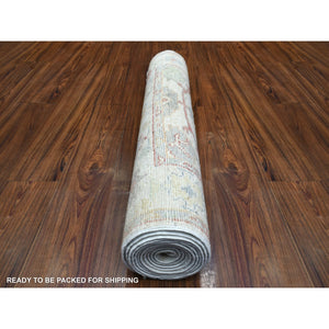 3'x11'8" Ivory, Hand Knotted Afghan Angora Oushak, Natural Dyes Soft Wool, Runner Oriental Rug FWR429048