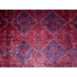 9'8"x13'1" Deep And Saturated Red, Hand Knotted Afghan Khamyab With Geometric Medallions Design, Velvety Wool, Oriental Rug FWR429228