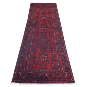 3'x9'6" Deep and Saturated Red, Afghan Khamyab with Geometric Design, Shiny Wool Hand Knotted, Wide Runner Oriental Rug FWR429246
