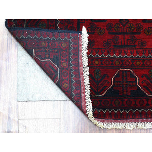 3'x9'6" Deep and Saturated Red, Afghan Khamyab with Geometric Design, Shiny Wool Hand Knotted, Wide Runner Oriental Rug FWR429246