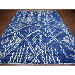 8'10"x11'5" Navy Blue, Hand Knotted, Soft And Shiny Wool, Natural Dyes, Moroccan Berber With Criss Cross Pattern Oriental Rug FWR429276