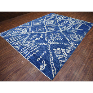 8'10"x11'5" Navy Blue, Hand Knotted, Soft And Shiny Wool, Natural Dyes, Moroccan Berber With Criss Cross Pattern Oriental Rug FWR429276