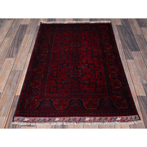 2'7"x3'10" Carmine Red, Hand Knotted, Afghan Khamyab With Geometric Medallions Design, Soft Wool, Vegetable Dyes, Mat, Sample, Oriental Rug FWR4290