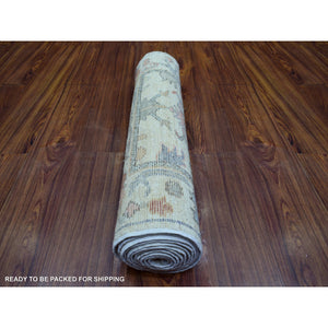 2'8"x11'8" Ivory Colorful Leaf Design Natural Dyes, Afghan Wool Hand Knotted Angora Oushak Runner Oriental Rug FWR429786