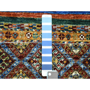 2'x3'2" Colorful, Hand Knotted Afghan Super Kazak with Khorjin Design, Natural Dyes Densely Woven Ghazni Wool, Mat Oriental Rug FWR430008