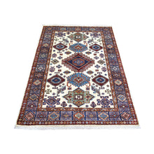 Load image into Gallery viewer, 4&#39;1&quot;x5&#39;8&quot; Ivory, Densely Woven Pure Wool Hand Knotted, Caucasian Super Kazak Natural Dyes, Oriental Rug FWR430122