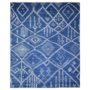 12'3"x14'3" Denim Blue Hand Knotted, Soft and Shiny Wool, Moroccan Berber with Criss Cross Pattern, Natural Dyes, Oriental Rug FWR430284