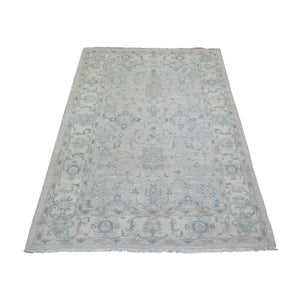 4'x5'9" Ivory White Wash Peshawar, Pure Wool Natural Dyes Hand Knotted, Oriental Rug FWR430398