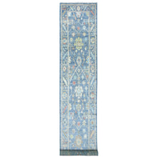 Load image into Gallery viewer, 2&#39;8&quot;x16&#39;4&quot; Denim Blue Afghan Wool Hand Knotted Angora Oushak With Colorful Leaf Design Natural Dyes XL Runner Oriental Rug FWR430584
