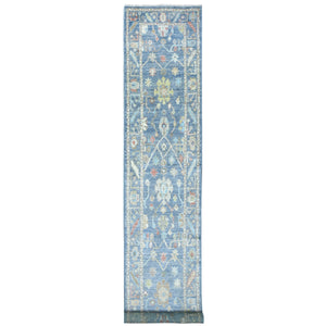 2'8"x16'4" Denim Blue Afghan Wool Hand Knotted Angora Oushak With Colorful Leaf Design Natural Dyes XL Runner Oriental Rug FWR430584