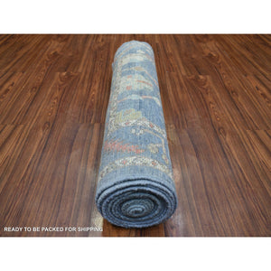 2'8"x16'4" Denim Blue Afghan Wool Hand Knotted Angora Oushak With Colorful Leaf Design Natural Dyes XL Runner Oriental Rug FWR430584