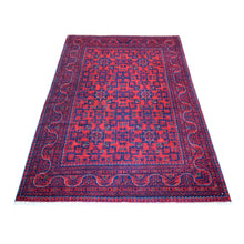 Load image into Gallery viewer, 4&#39;4&quot;x6&#39;3&quot; Deep and Saturated Red with Mix of Blue, Afghan Khamyab with Geometric Design, Shiny Wool Hand Knotted, Oriental Rug FWR430788