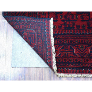 4'4"x6'3" Deep and Saturated Red with Mix of Blue, Afghan Khamyab with Geometric Design, Shiny Wool Hand Knotted, Oriental Rug FWR430788
