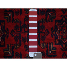 Load image into Gallery viewer, 4&#39;4&quot;x6&#39;3&quot; Deep and Saturated Red with Mix of Blue, Afghan Khamyab with Geometric Design, Shiny Wool Hand Knotted, Oriental Rug FWR430788