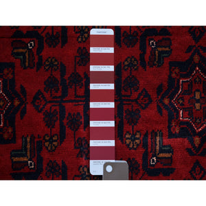 4'4"x6'3" Deep and Saturated Red with Mix of Blue, Afghan Khamyab with Geometric Design, Shiny Wool Hand Knotted, Oriental Rug FWR430788