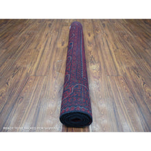 Load image into Gallery viewer, 4&#39;4&quot;x6&#39;3&quot; Deep and Saturated Red with Mix of Blue, Afghan Khamyab with Geometric Design, Shiny Wool Hand Knotted, Oriental Rug FWR430788