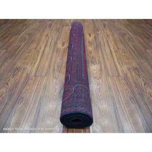 4'4"x6'3" Deep and Saturated Red with Mix of Blue, Afghan Khamyab with Geometric Design, Shiny Wool Hand Knotted, Oriental Rug FWR430788