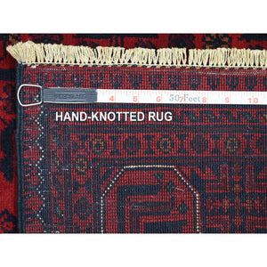 4'4"x6'3" Deep and Saturated Red with Mix of Blue, Afghan Khamyab with Geometric Design, Shiny Wool Hand Knotted, Oriental Rug FWR430788